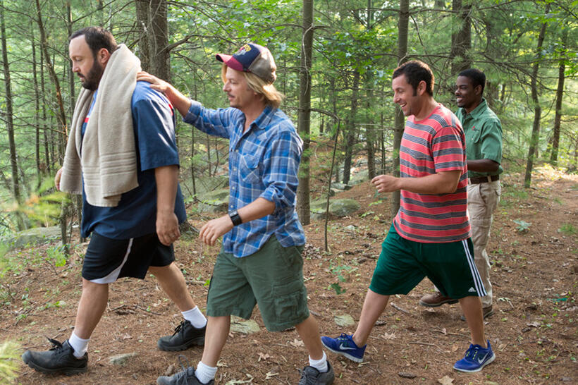 Kevin James as Eric Lamonsoff, David Spade as Marcus Higgins, Adam Sandler as Lenny Feder and Chris Rock as Kurt McKenzie in "Grown Ups 2."