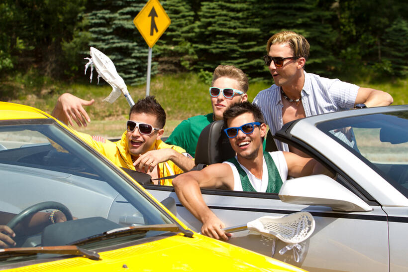 Taylor Lautner as Frat Boy Andy, Chris Titone as Frat Boy Chris, Jared Sandler as Frat Boy Jared and Milo Ventimiglia as Frat Boy Milo in "Grown Ups 2."