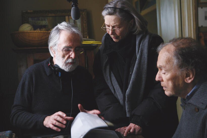 Director Michael Haneke, Emmanuelle Riva and Jean-Louis Trintignant on the set of "Amour."
