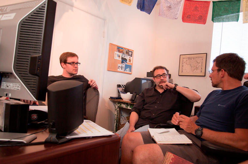 Editor Scott McElroy, producer Don Hahn and director Michael Brown on the set of "High Ground."