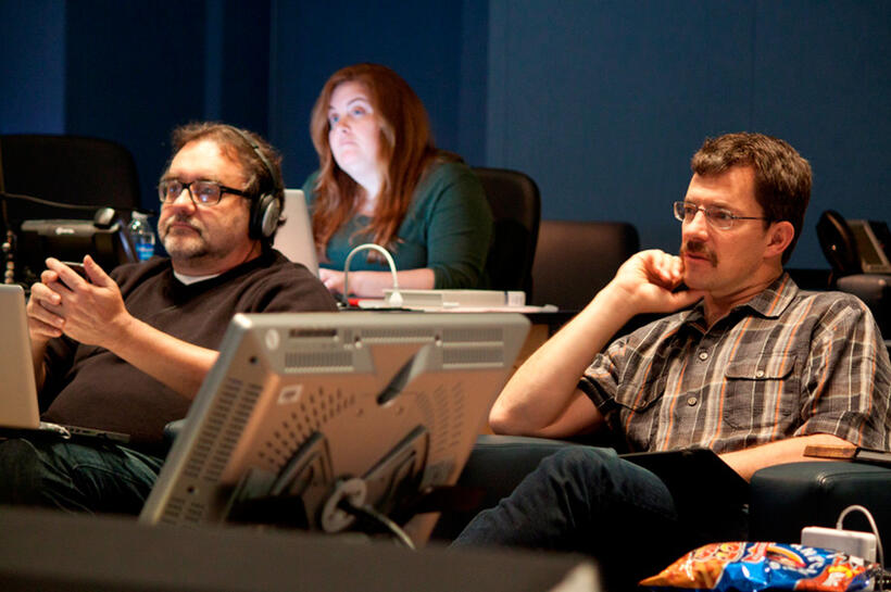 Producer Don Hahn, Lori Korngiebel and director Michael Brow on the set of "High Ground."