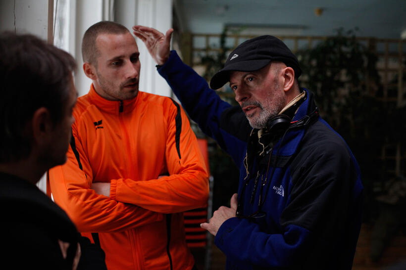 Mattias Schoenaerts and director Jacques Audiard on the set of "Rust and Bone."