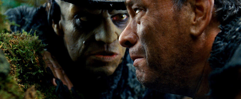 Hugo Weaving as Old Georgie and Tom Hanks as Zachry in "Cloud Atlas."