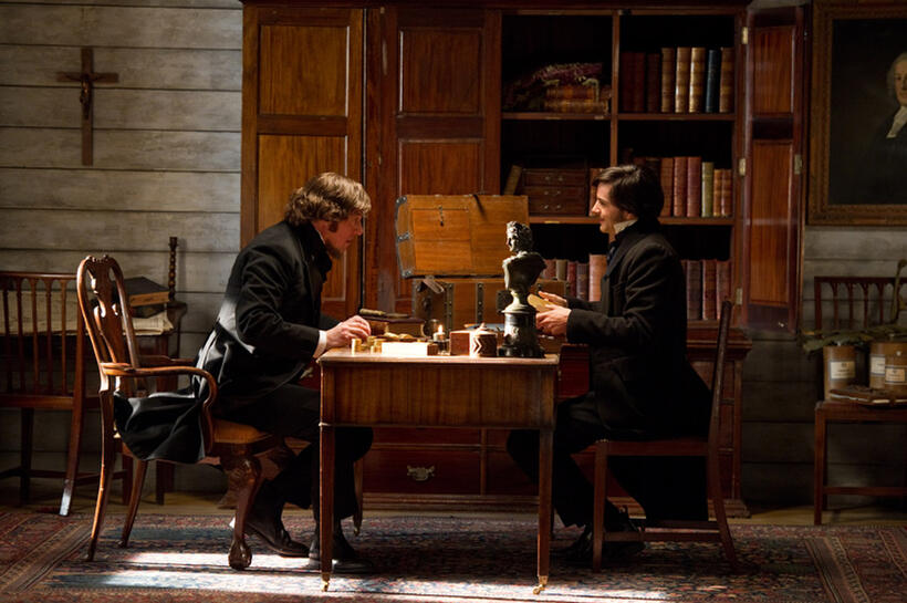 Hugh Grant as Reverend Giles Horrox and Jim Sturgess as Adam Ewing in "Cloud Atlas."