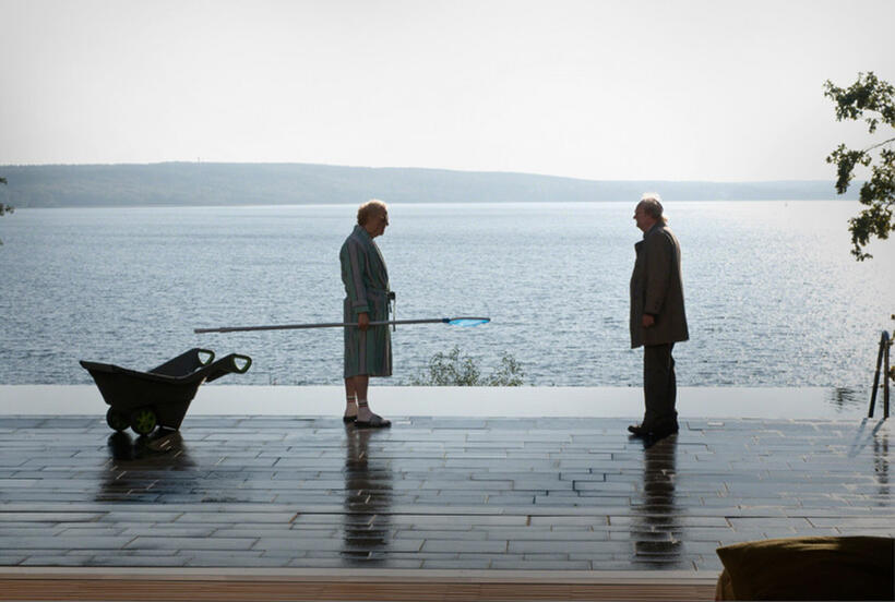 Hugh Grant as Denholme Cavendish and Jim Broadbent as Timothy Cavendish in "Cloud Atlas."