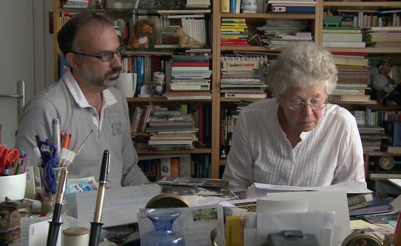 Director Arnon Goldfinger and Edda von Mildenstein on the set of "The Flat."