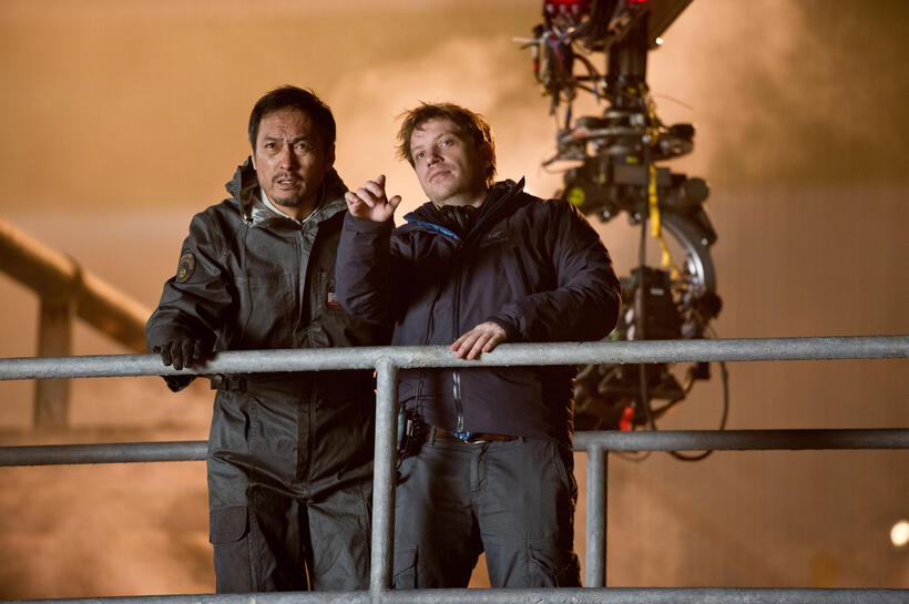 Ken Watanabe and director Gareth Edwards on the set of "Godzilla."