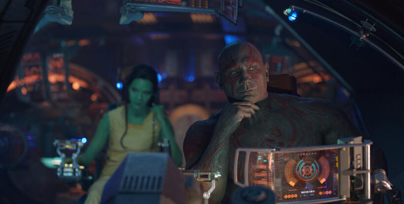 Zoe Saldana as Gamora and David Bautista as Drax the Destroyer in "Guardians of the Galaxy."
