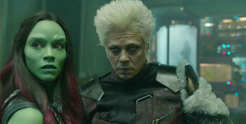 Zoe Saldana as Gamora and Benicio Del Toro as The Collector in "Guardians of the Galaxy."