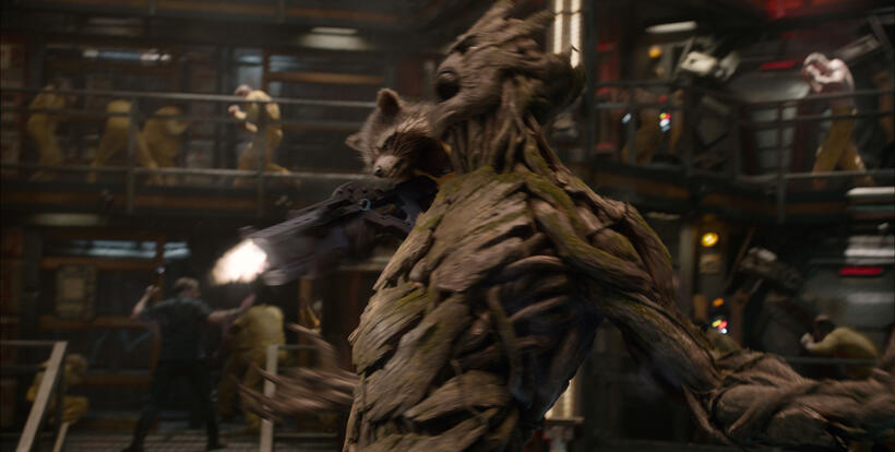 Rocket Racoon voiced by Bradley Cooper and Groot voiced by Vin Diesel in "Guardians of the Galaxy."