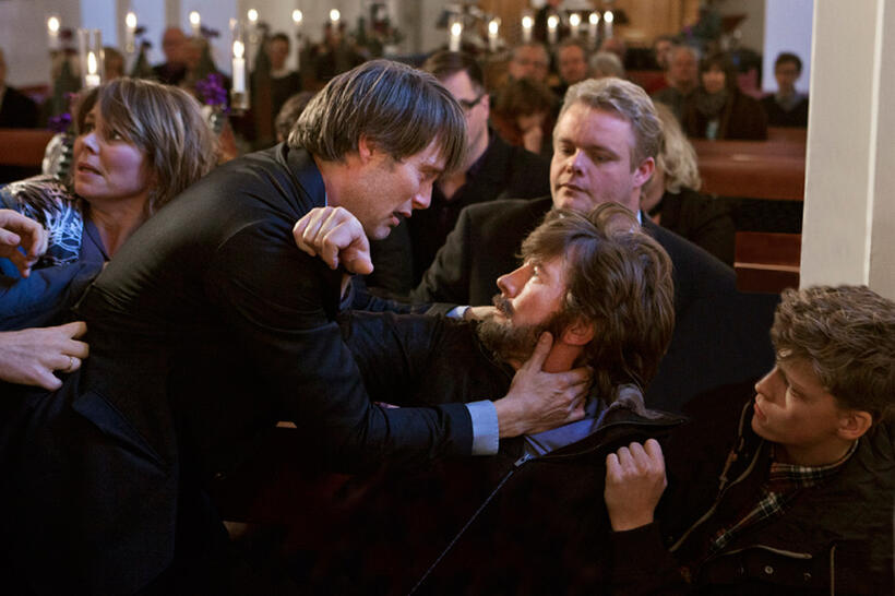 Susse Wold, Mads Mikkelsen, Thomas Bo Larsen and Lasse Fogelstrom in "The Hunt."
