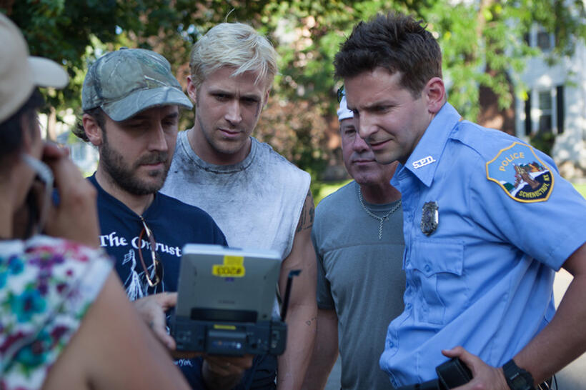 Director Derek Cianfrance, Ryan Gosling and Bradley Cooper on the set of "The Place Beyond the Pines."