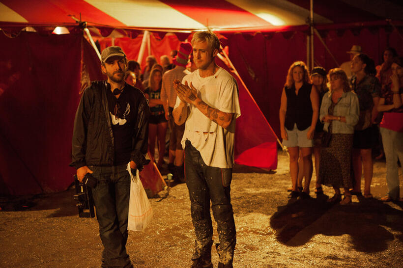 Director Derek Cianfrance and Ryan Gosling on the set of "The Place Beyond the Pines."