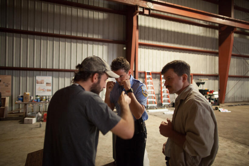 Director Derek Cianfrance, Bradley Cooper and Ben Mendelsohn on the set of "The Place Beyond the Pines."