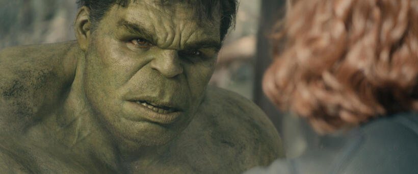 Mark Ruffalo as Hulk and Scarlett Johansson as Black Widow in "Avengers: Age of Ultron."