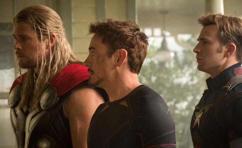 Chris Hemsworth as Thor, Robert Downey, Jr. as Tony Stark and Chris Evans as Captain America in "Avengers: Age of Ultron."