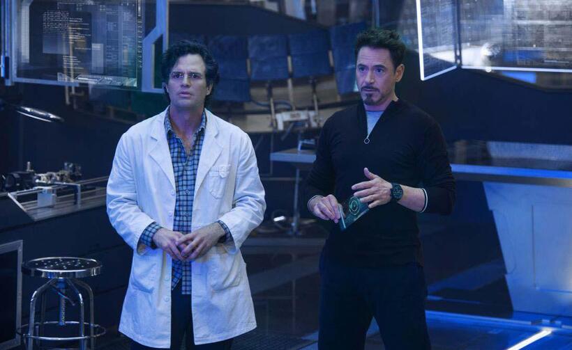 Mark Ruffalo as Bruce Banner and Robert Downey, Jr. as Tony Stark in "Avengers: Age of Ultron."