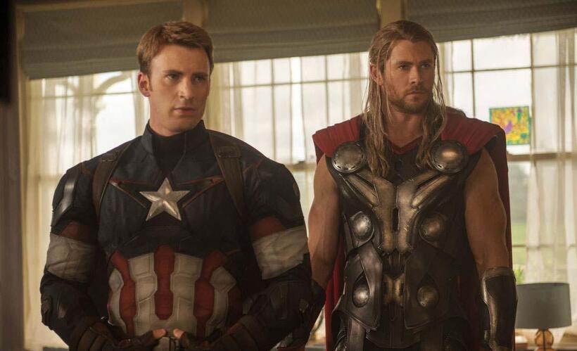 Chris Evans as Captain America and Chris Hemsworth as Thor in "Avengers: Age of Ultron."