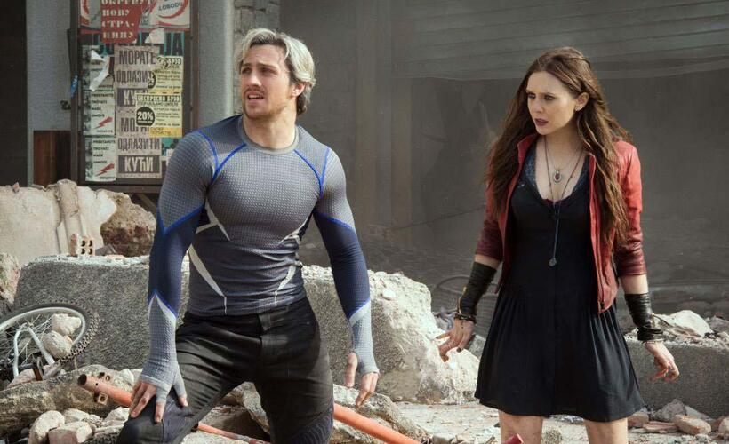 Aaron Taylor-Johnson as Quicksilver and Elizabeth Olsen as Scarlet Witch in "Avengers: Age of Ultron."