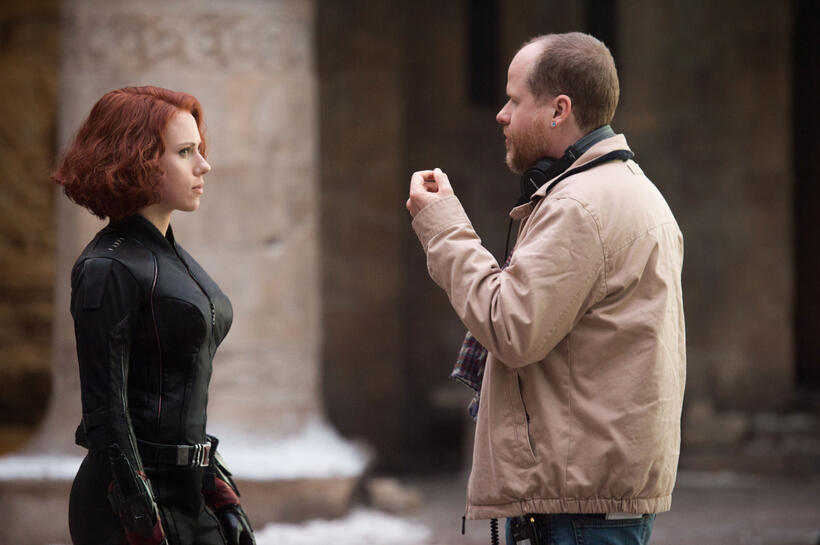 Scarlett Johansson and director Joss Whedon on the set of "Avengers: Age of Ultron."
