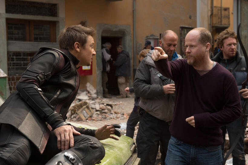 Jeremy Renner and director Joss Whedon on the set of "Avengers: Age of Ultron."