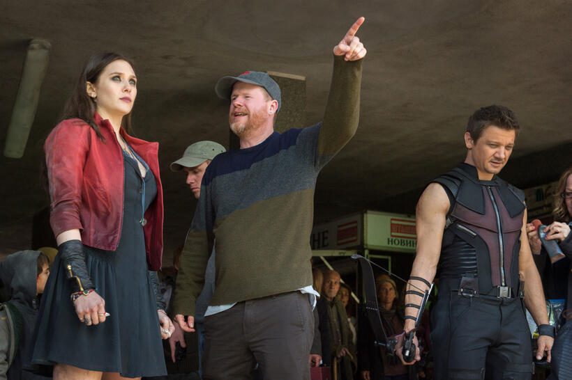 Elizabeth Olsen, director Joss Whedon and Jeremy Renner on the set of "Avengers: Age of Ultron."