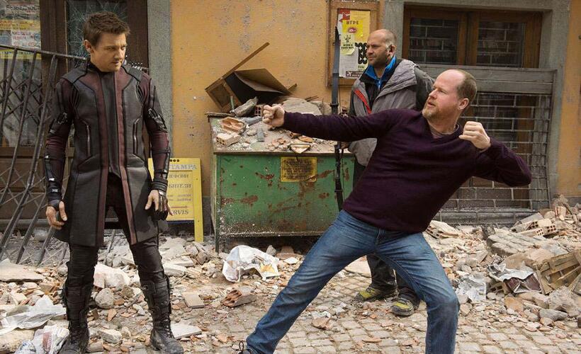 Jeremy Renner and director Joss Whedon on the set of "Avengers: Age of Ultron."