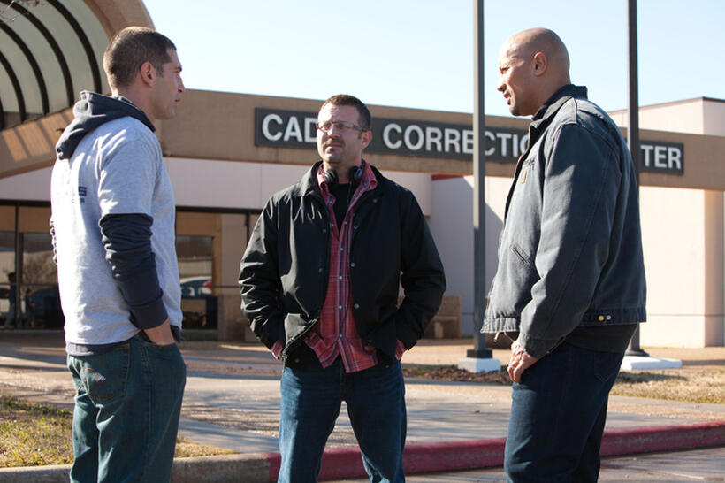 Jon Bernthal, director Ric Roman Waugh and Dwayne Johnson on the set of "Snitch."