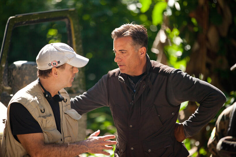 Director Damian Lee and Andy Garcia on the set of "A Dark Truth."