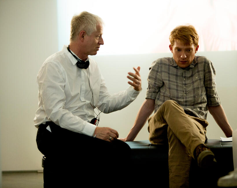 Director Richard Curtis and Domhnall Gleeson on the set of "About Time."