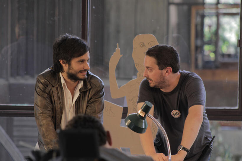 Gael Garcia Bernal and director Pablo Larrain on the set of "No."