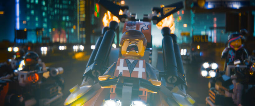 Emmet voiced by Chris Pratt and Wyldstyle voiced by Elizabeth Banks in "The LEGO Movie."