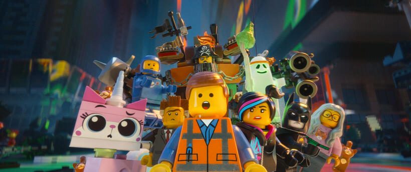 Unikitty voiced by Alison Brie, Benny voiced by Charlie Day, Metal Beard voiced by Nick Offerman, Vitruvius voiced by Morgan Freeman, Batman voiced by Will Arnett, Wyldstyle voiced by Elizabeth Banks, Emmet voiced by Chris Pratt and President Business voiced by Will Ferrell in "The LEGO Movie."