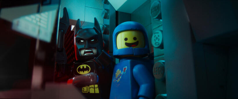 Batman voiced by Will Arnett and Benny voiced by Charlie Day in "The LEGO Movie."