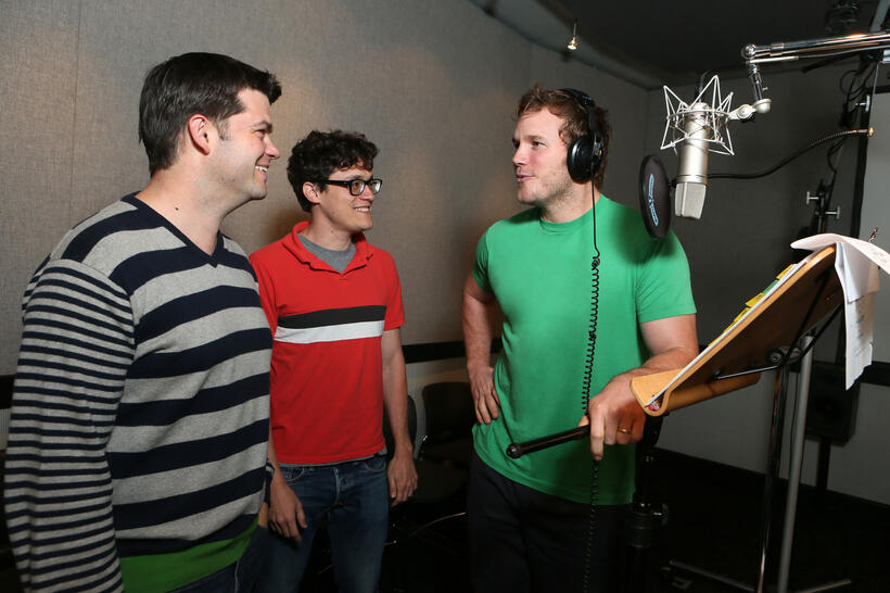 Directors Christopher Miller, Phil Lord and Chris Pratt on the set of "The LEGO Movie."