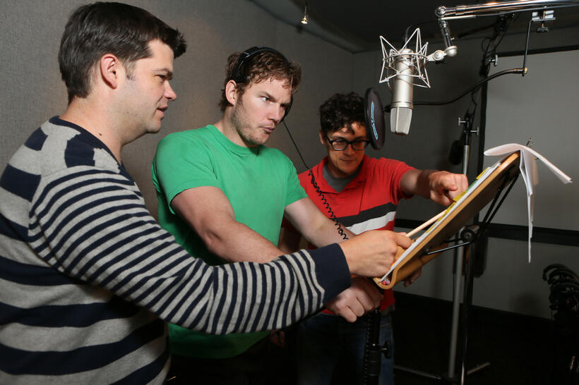 Director Christopher Miller, Chris Pratt and director Phil Lord on the set of "The LEGO Movie."