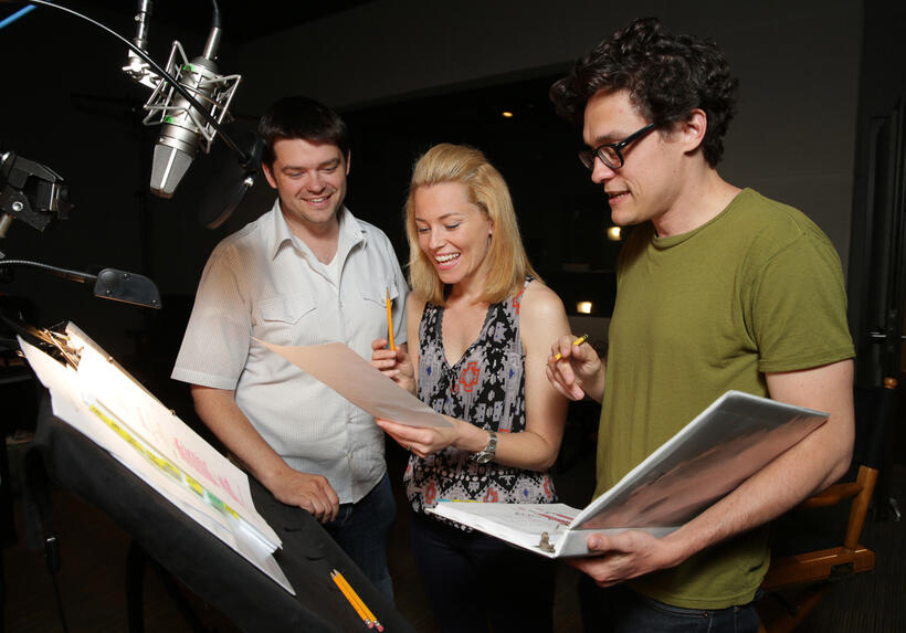 Director Christopher Miller, Elizabeth Banks and director Phil Lord on the set of "The LEGO Movie."