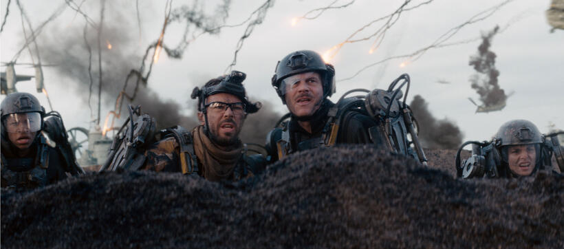 Franz Drameh as Ford, Kick Gurry as Griff, Bill Paxton as Master Sergeant Farell and Charlotte Riley as Nance in "Edge of Tomorrow."