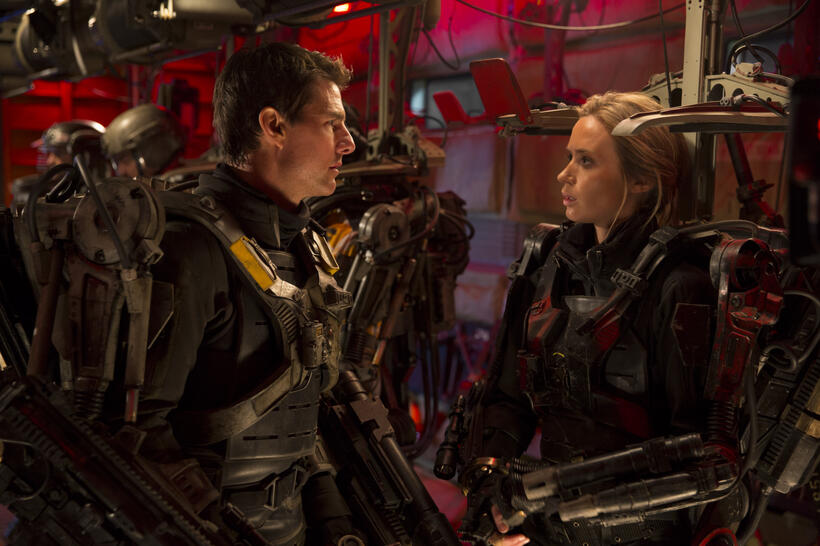 Tom Cruise as Major William Cage and Emily Blunt as Rita Vrataski in "Edge of Tomorrow."