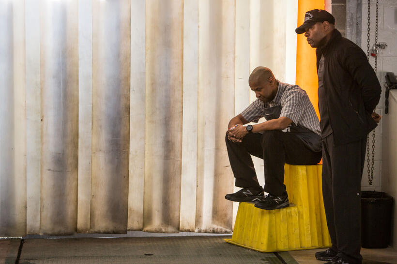 Denzel Washington and Director Antoine Fuqua on the set of "The Equalizer."