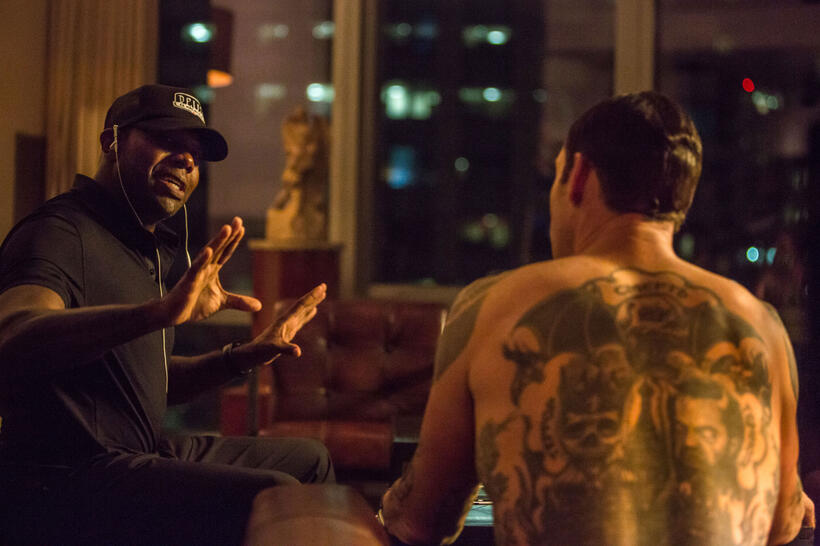 Director Antoine Fuqua and Marton Csokas on the set of "The Equalizer."