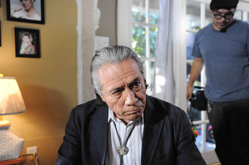 Edward James Olmos on the set of "Filly Brown."