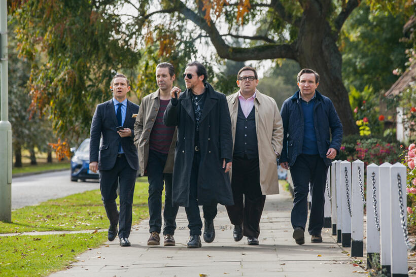 Martin Freeman as Oliver, Paddy Considine as Steven, Simon Pegg as Gary, Nick Frost as Andy and Eddie Marsan as Peter in "The World's End."
