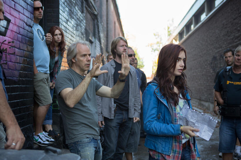 Director Harald Zwart, DP Geir Andreassen and Lily Collins on the set of "The Mortal Instruments: City of Bones."