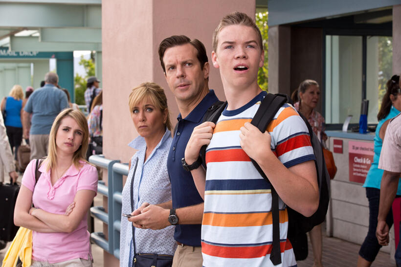 Emma Roberts as Casey Mathis, Jennifer Aniston as Rose O'Reilly, Jason Sudeikis as David Clark and Will Poulter as Kenny Rossmore in "We're the Millers."