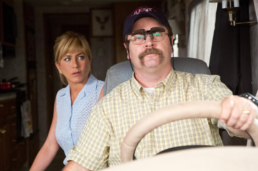 Jennifer Aniston as Rose O'Reilly and Nick Offerman as Don Fitzgeral in "We're the Millers."