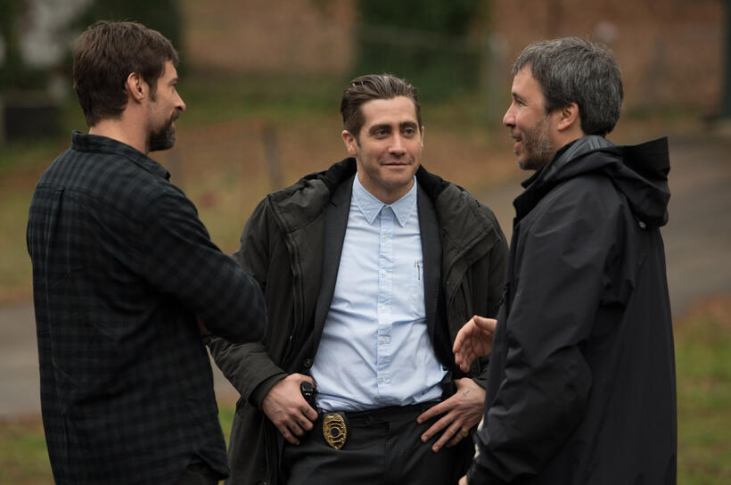 Hugh Jackman, Jake Gyllenhaal and Director Denis Villeneuve on the set of "Prisoners."
