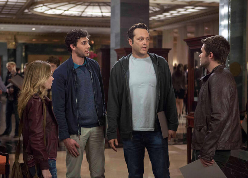 Britt Robertson as Kristen, Amos VanderPoel as Taylor, Jack Reynor as Josh and Vince Vaughn as David Wozniak in "Delivery Man."