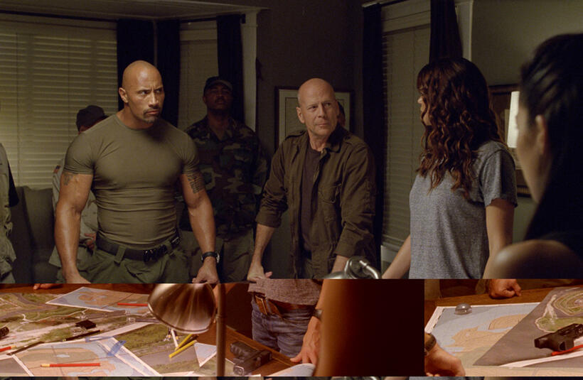 Dwayne Johnson as Roadblock and Bruce Willis as Colton in "G.I. Joe: Retaliation 3D."