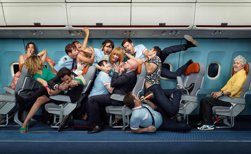 Lola Duenas, Laya Marti, Jose Maria Yazpik, Antonio De La Torre, Blanca Suarez, Carlos Areces, Hugo Silva, Cecilia Roth, Jose Luis Torrijo, Raul Arevalo, Miguel Angel Silvestre and director Pedro Almodovar on the set of "I'm So Excited!"